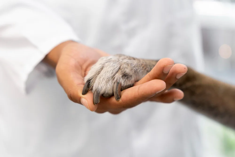 Una mano sosteniendo la pata de un perro
