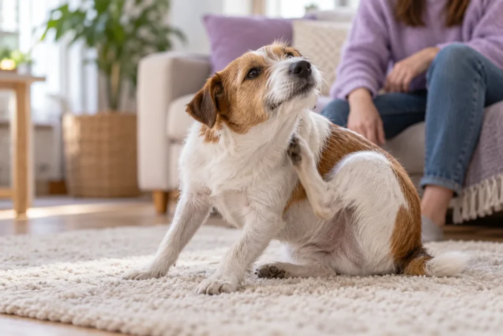 Perro rascándose el cuello en casa