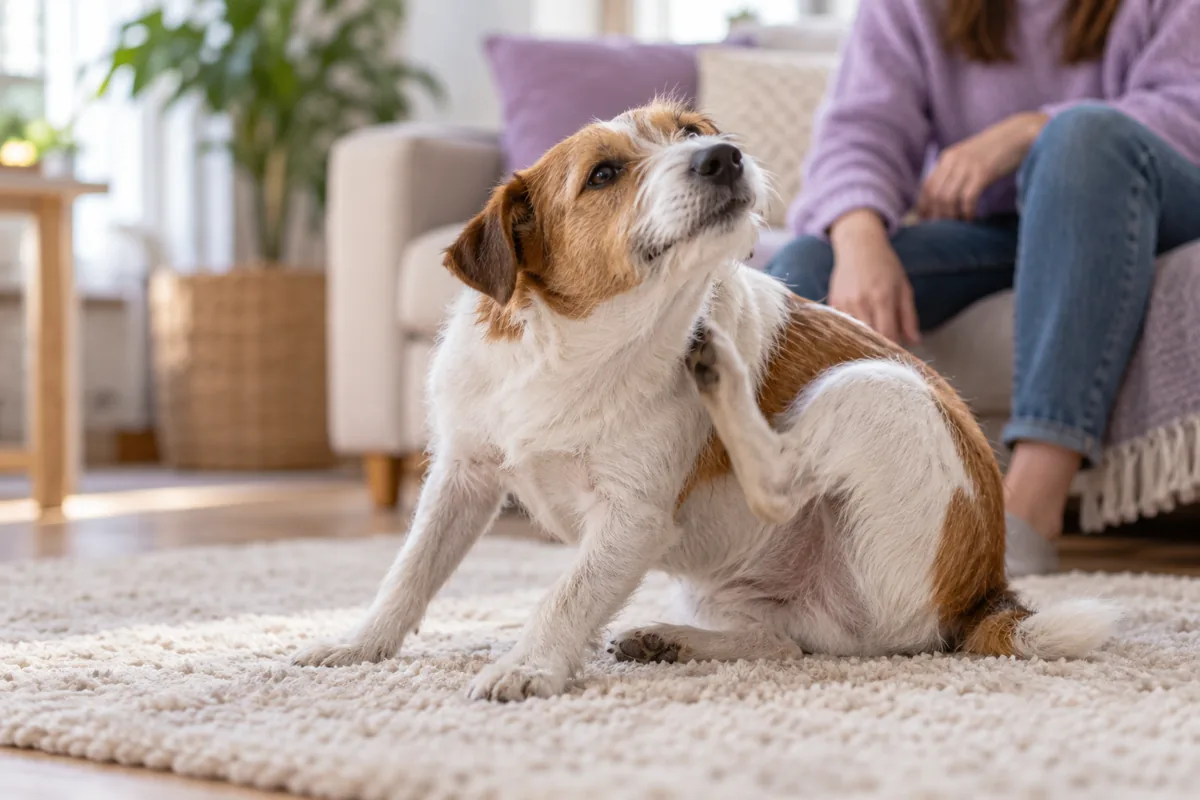 Perro rascándose el cuello en casa